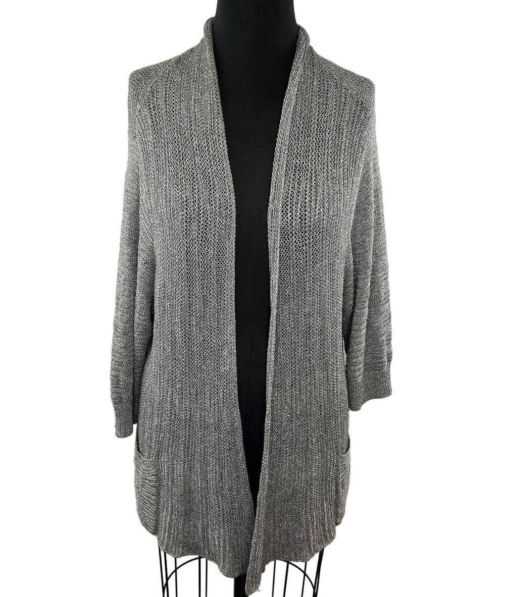 Eileen Fisher Gray Silver Open-Knit Midi Long Sleeve Pocket Cardigan Plus 1X
